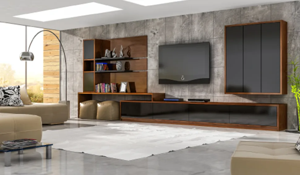 Home theater com painel em madeira